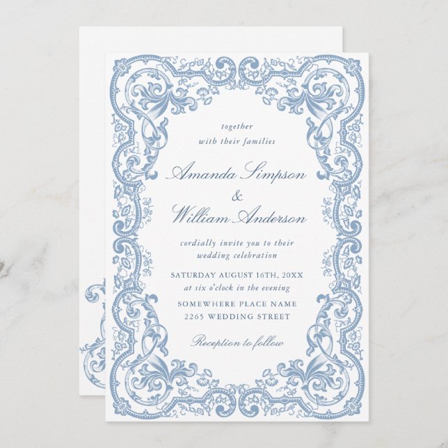Renaissance Ornate Floral Dusty Blue Wedding Invitation (Front/Back)