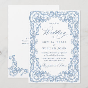 Renaissance Ornate Floral Dusty Blue Wedding Invitation