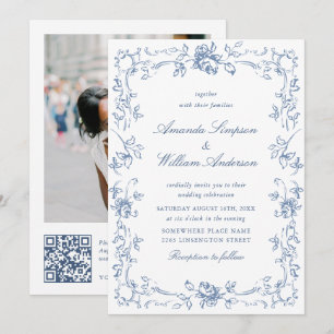 Renaissance Ornate Floral Dusty Blue Wedding Invitation