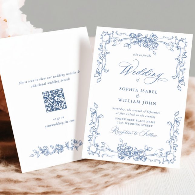 Renaissance Ornate Floral Dusty Blue Wedding Invitation (Creator Uploaded)