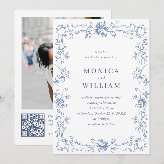 Renaissance Ornate Floral Dusty Blue Wedding Invitation (Front/Back)