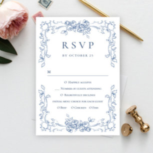Renaissance Ornate Floral Dusty Blue Wedding RSVP Card