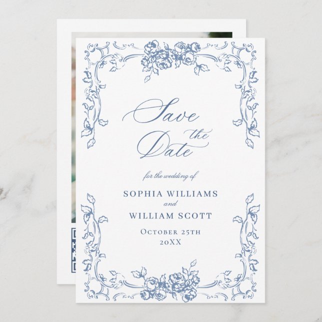 Renaissance Ornate Floral Dusty Blue Wedding Save The Date (Front/Back)