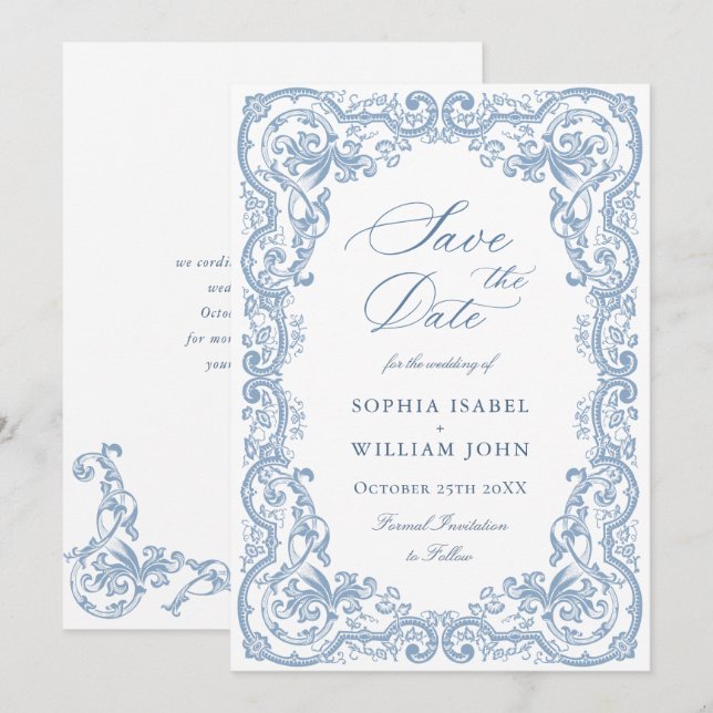 Renaissance Ornate Floral Dusty Blue Wedding Save The Date (Front/Back)