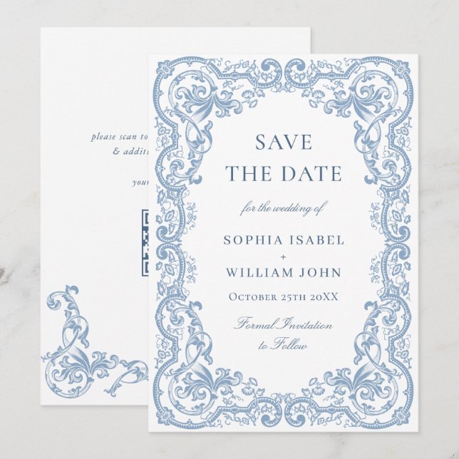 Renaissance Ornate Floral Dusty Blue Wedding Save The Date (Front/Back)
