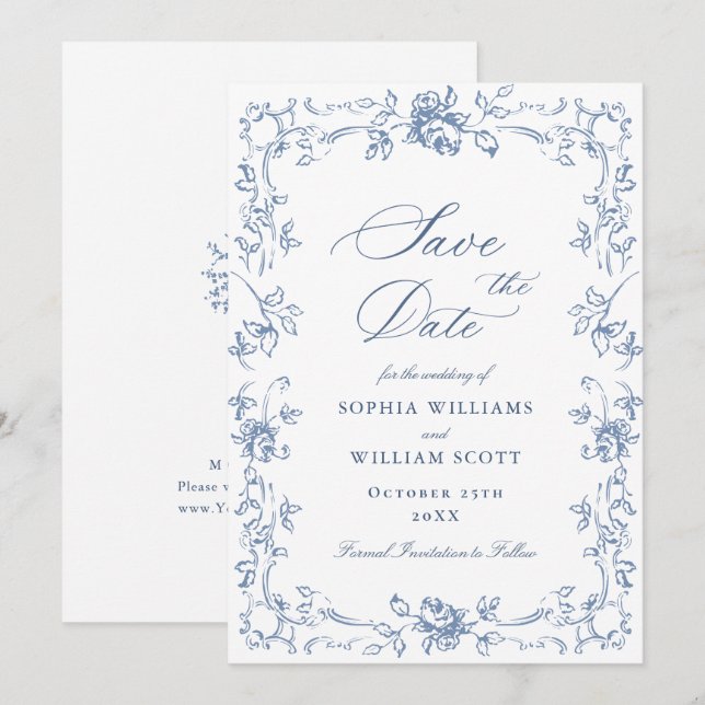 Renaissance Ornate Floral Dusty Blue Wedding Save The Date (Front/Back)