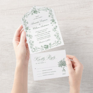 Renaissance Ornate Floral Sage Green Wedding All In One Invitation