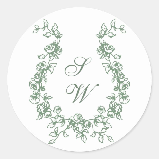 Renaissance Ornate Floral Sage Green Wedding Classic Round Sticker (Front)