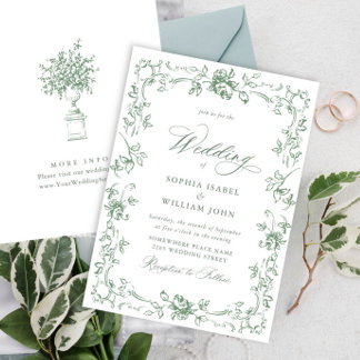 Renaissance Ornate Floral Sage Green Wedding Invitation