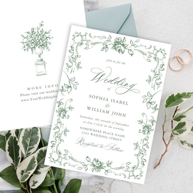 Renaissance Ornate Floral Sage Green Wedding Invitation (Creator Uploaded)