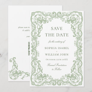 Renaissance Ornate Floral Sage Green Wedding Save The Date