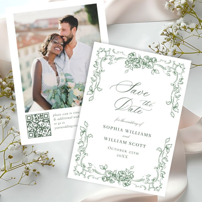 Renaissance Ornate Floral Sage Green Wedding Save The Date (Creator Uploaded)