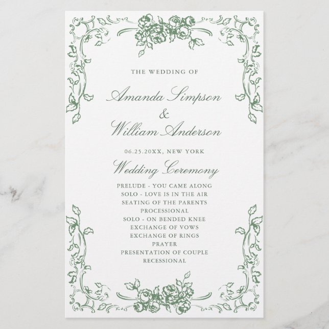 Renaissance Ornate Green Wedding Ceremony Program (Front)