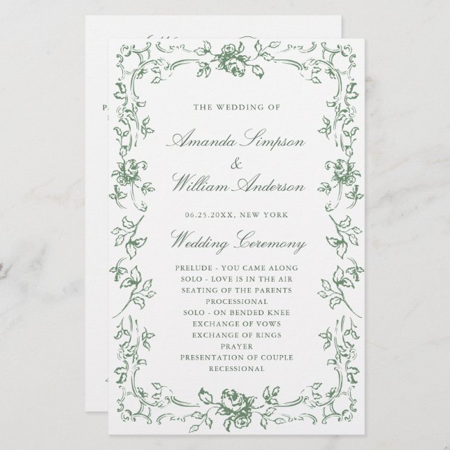 Renaissance Ornate Green Wedding Ceremony Program (Front/Back)