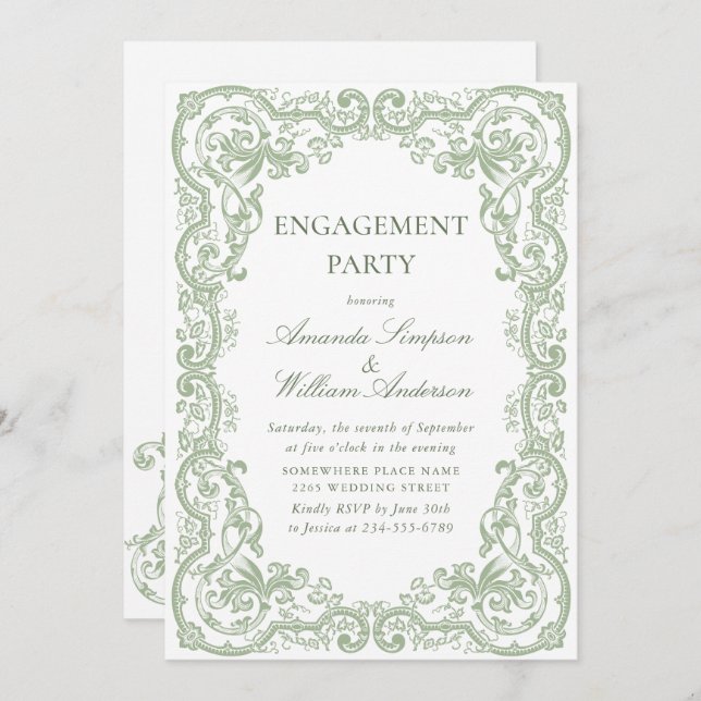 Renaissance Ornate sage Green ENGAGEMENT PARTY Invitation (Front/Back)