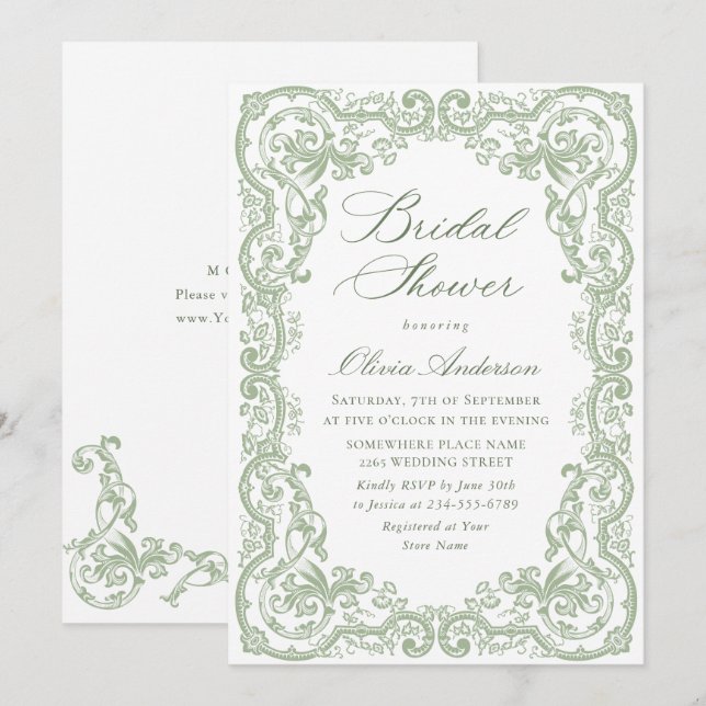 Renaissance Ornate Sage Green Floral Bridal Shower Invitation (Front/Back)