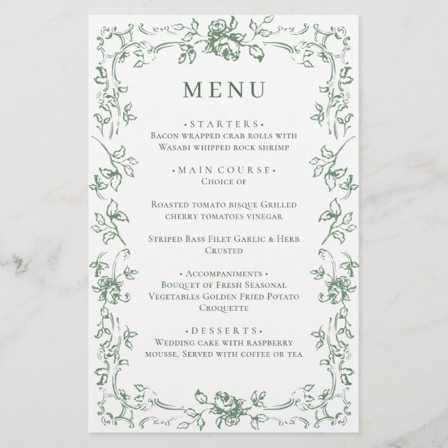 Renaissance Ornate Sage Green Floral Menu Mariage (Devant)
