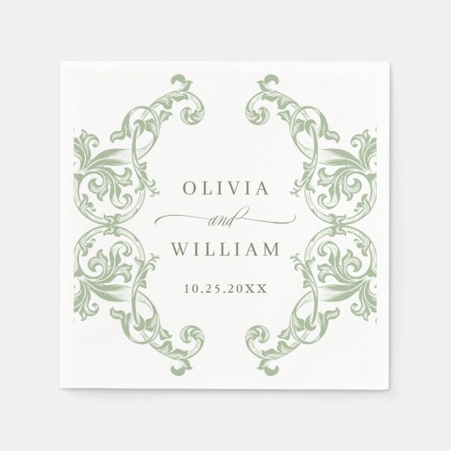 Renaissance Ornate Sage Green Floral Wedding Napkin (Front)