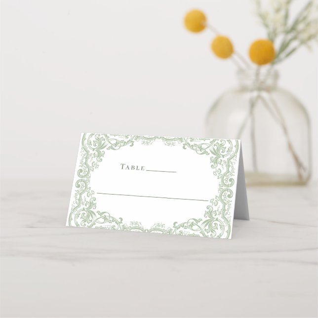 Renaissance Ornate Sage Green Floral Wedding Place Card (Front)