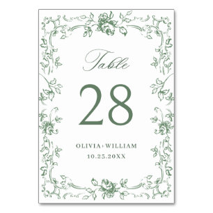 Renaissance Ornate Sage Green Floral Wedding Table Number