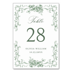 Renaissance Ornate Sage Green Floral Wedding Table Number