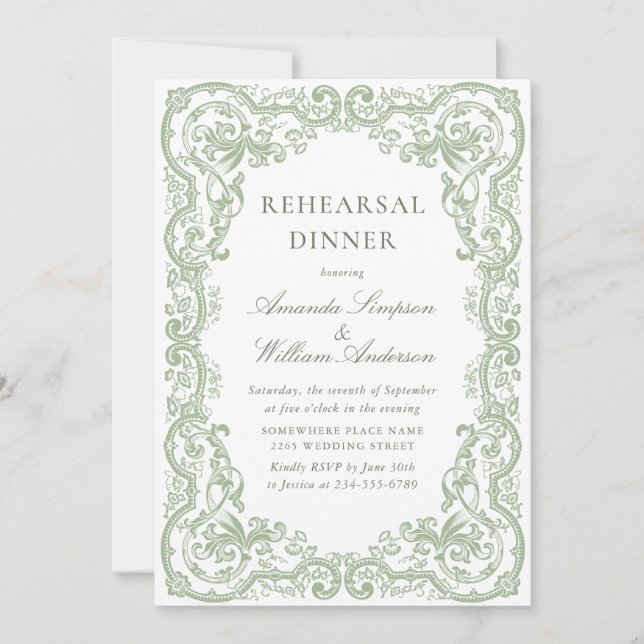 Renaissance Ornate Sage Green Rehearsal Dinner Invitation (Front)