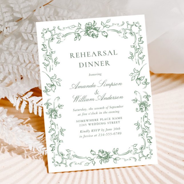 Renaissance Ornate Sage Green Rehearsal Dinner Invitation (Creator Uploaded)
