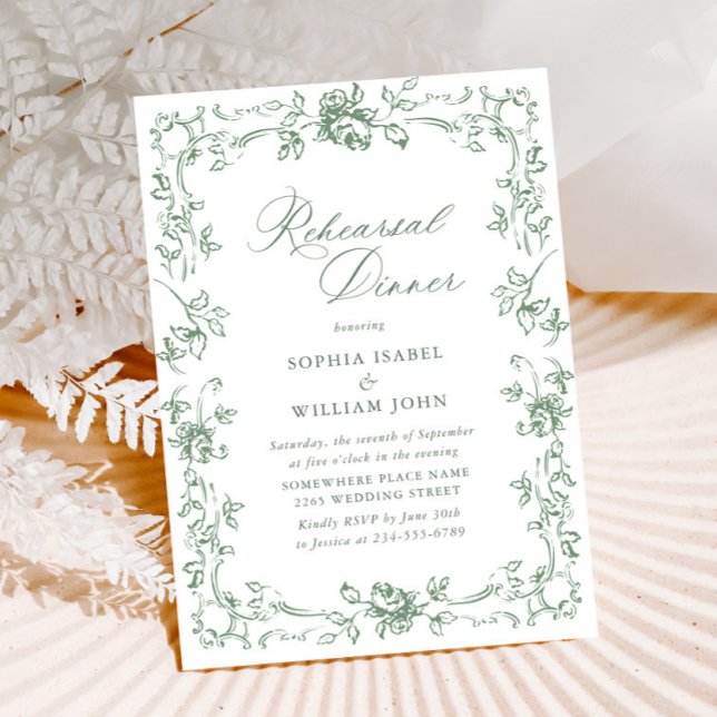 Renaissance Ornate Sage Green Rehearsal Dinner Invitation (Creator Uploaded)