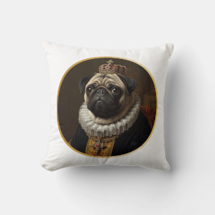 Renaissance Queen Portrait–Inspired Beige Pug Art  Throw Pillow
