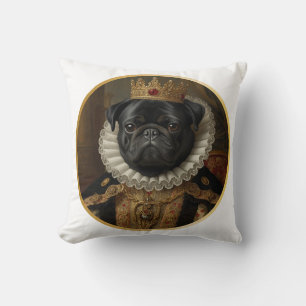 Renaissance Queen Portrait–Inspired Black Pug Art  Throw Pillow