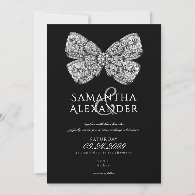 Renaissance Regency Ornate Bow AIO Black Wedding Invitation (Front)