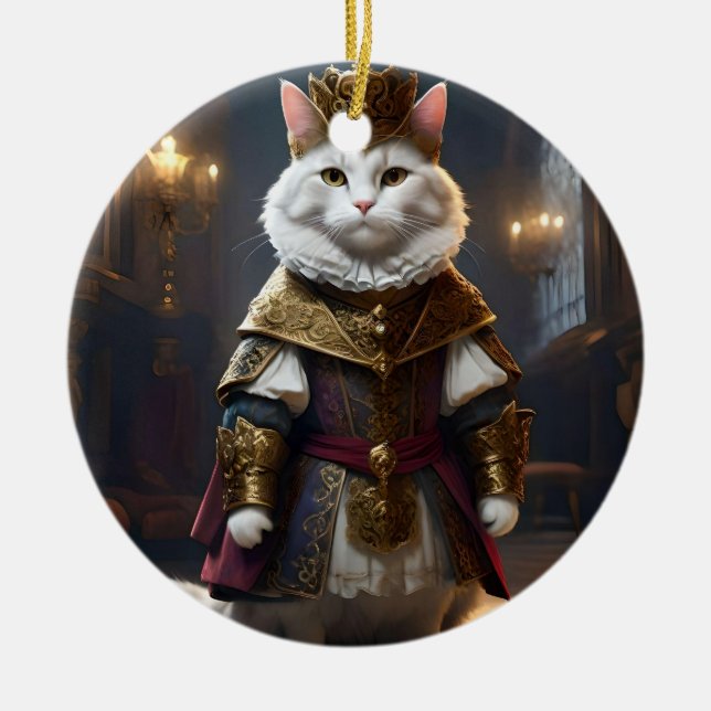 Renaissance White Cat,  Ceramic Ornament (Front)