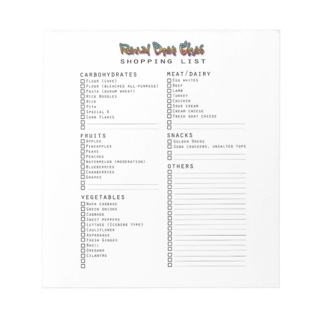 Renal Diet Chef Shopping List Pad (Front)