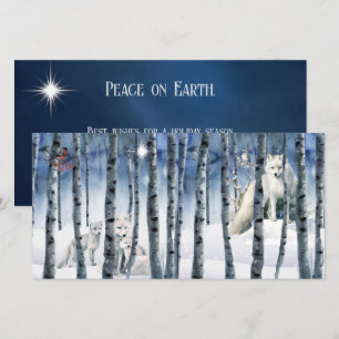 Renard arctique en forêt d'hiver avec carte de vac