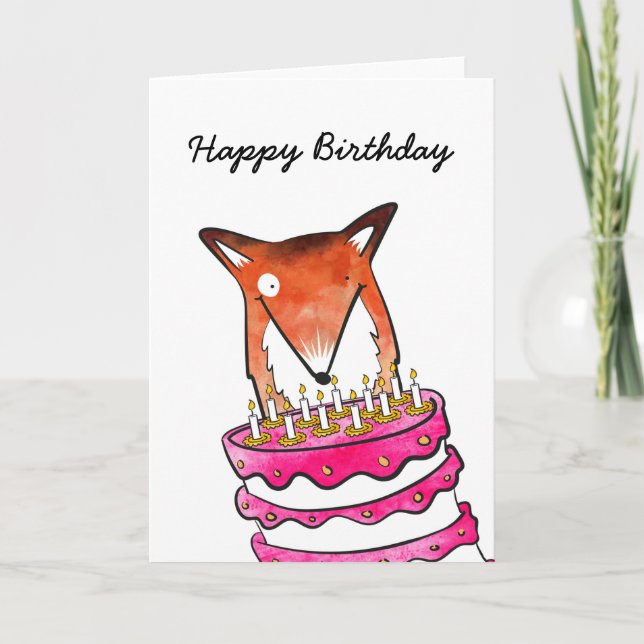 Renard avec carte d'anniversaire de gâteau (Devant)