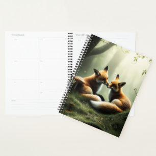 Renard câlin dans une forêt brumeuse