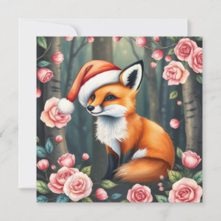 Renard des bois avec chapeau de Noël sur carte de 