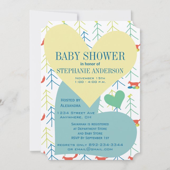 Renard et pin Arbre bébé garçon douche Invitations (Devant)