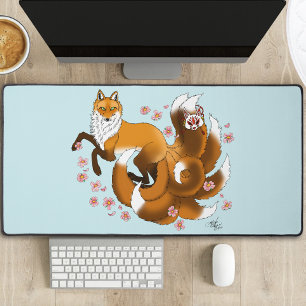 Renard Kitsune Fantaisiste Fleurs de Cerisier Bleu