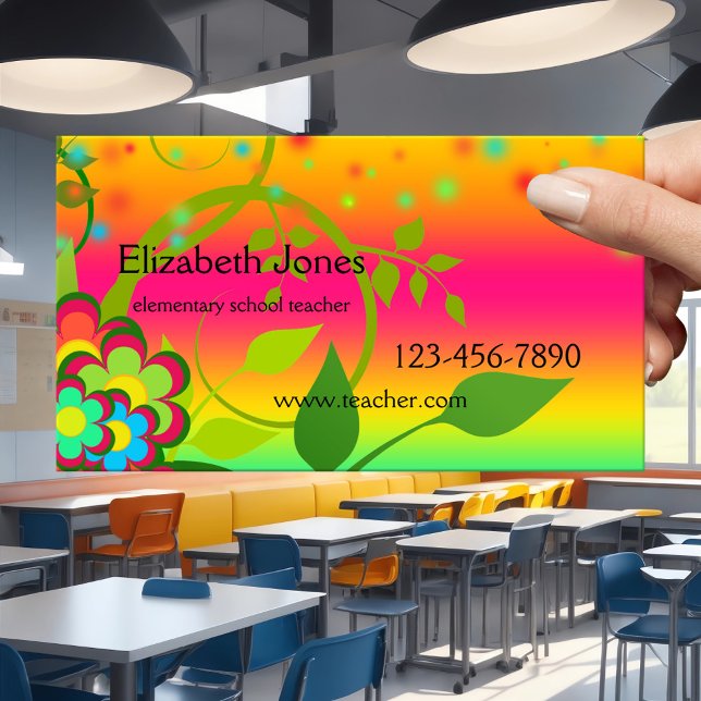 Rendez-vous Carte de visite enseignant de l'école primaire col (Business card featuring a colorful fun design with flowers and neon light sparkles - elementary)