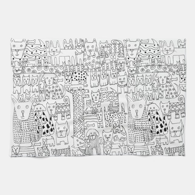 rendy Black and White Dogs And Puppies Pattern Kitchen Towel (Horizontal)
