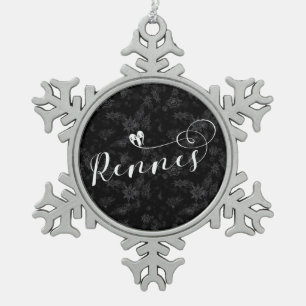 Rennes Flag in Heart, Roazhon, Breton Snowflake Pewter Christmas Ornament