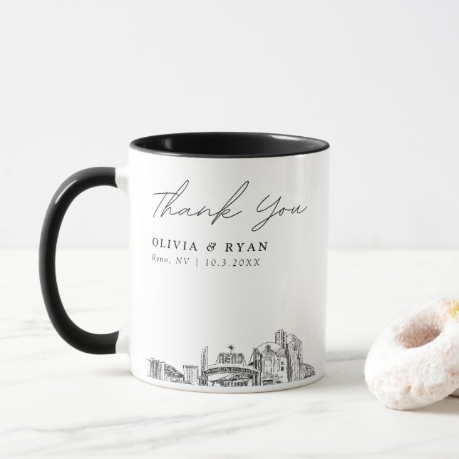 Reno Skyline Sketch Simple Custom Wedding Mug (With Donut)