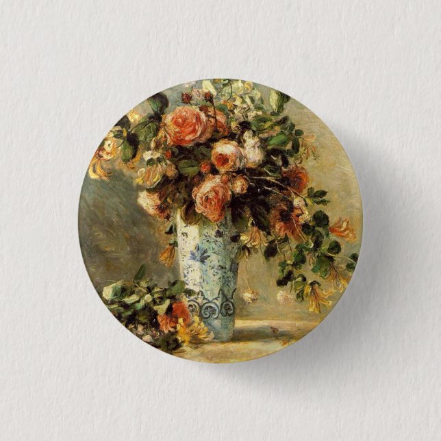 Renoir Roses and Jasmine in a Delft Vase 1 Inch Round Button (Front)