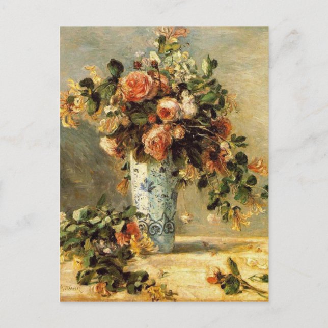 Renoir Roses and Jasmine in a Delft Vase Postcard (Front)