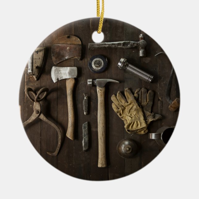 Renovation Themed, Wooden Carpentry Handymen And T Ceramic Ornament (Front)