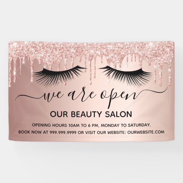 Reopening beauty salon rose gold glitter lashes banner (Horizontal)