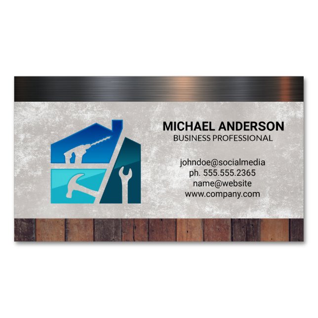 Repairman Hardware Tools | Wood Metal Material Magnetic Business Card (Front)