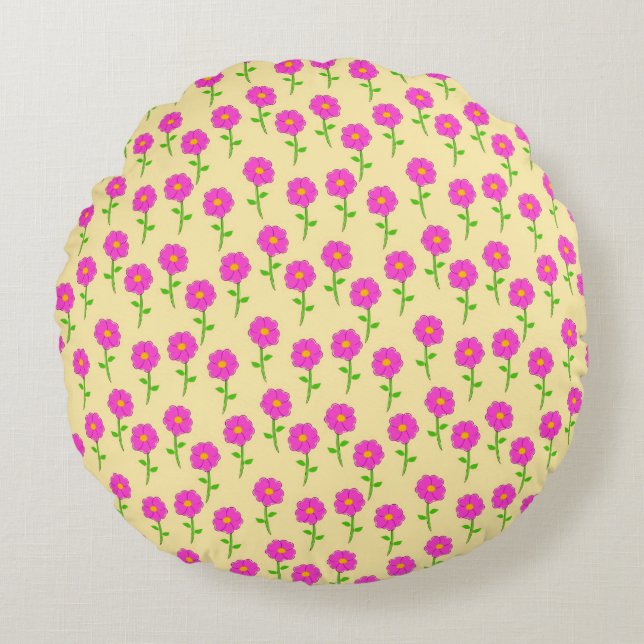 Repeat Flower Pattern with Hot Pink Flowers Round Pillow (Front)