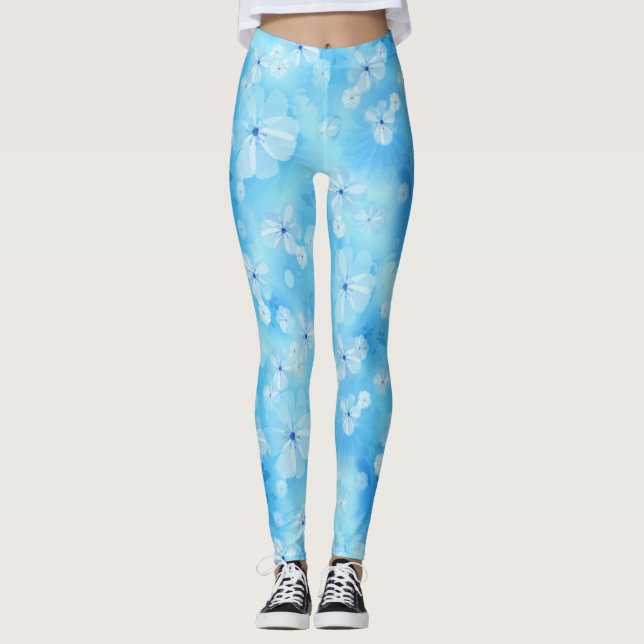 Repeat pale sky blue - white watercolor flowers leggings (Front)
